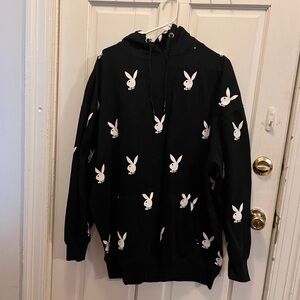 PLAYBOY Black Hoodie with All-Over White Bunny Print